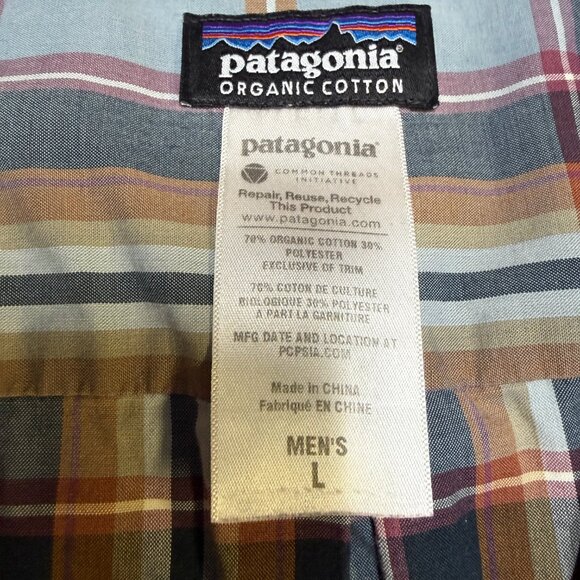 Patagonia Mens Fezzman Shirt Large Blue Brown Gray Plaid Button Up EUC - Picture 5 of 9